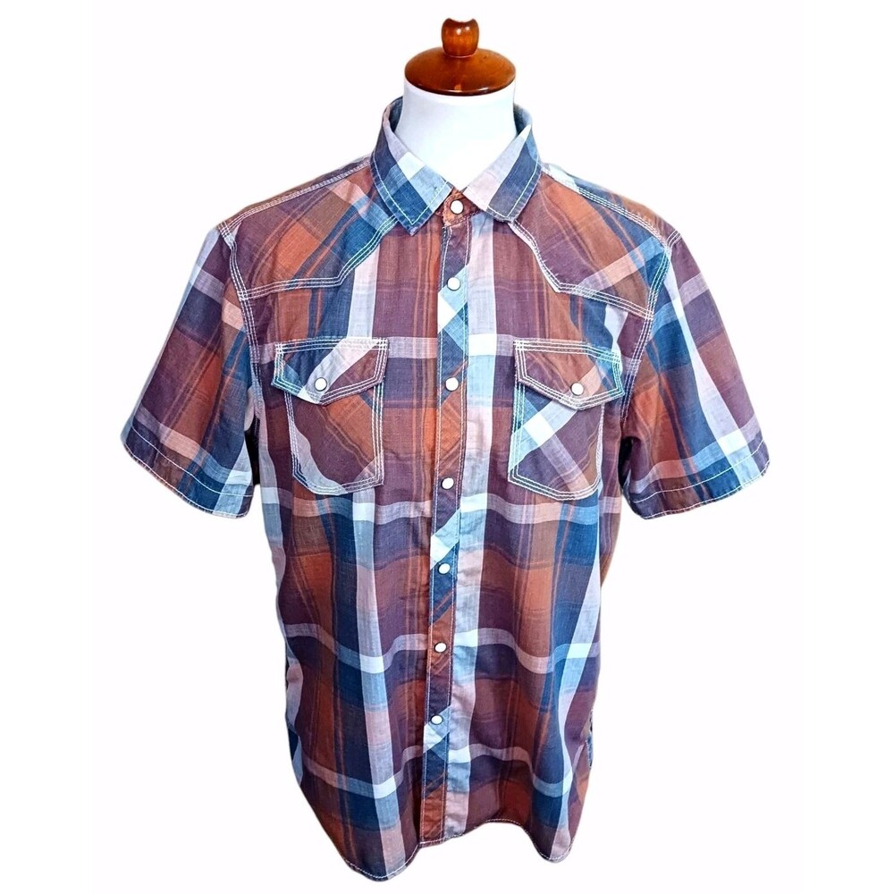 BKE Athletic Fit Men's Size M Blue Plaid Short Sleeve Western Button Down Shirt